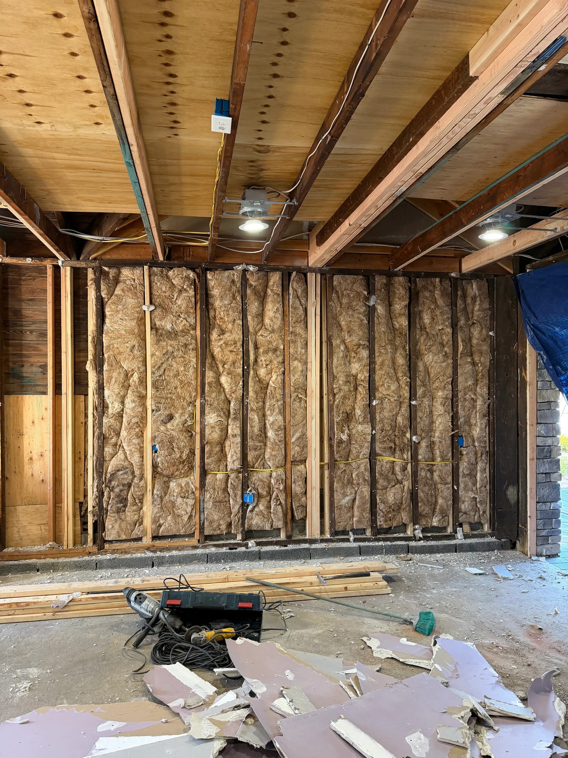 Interior opened to the studs and insulation before renovation
