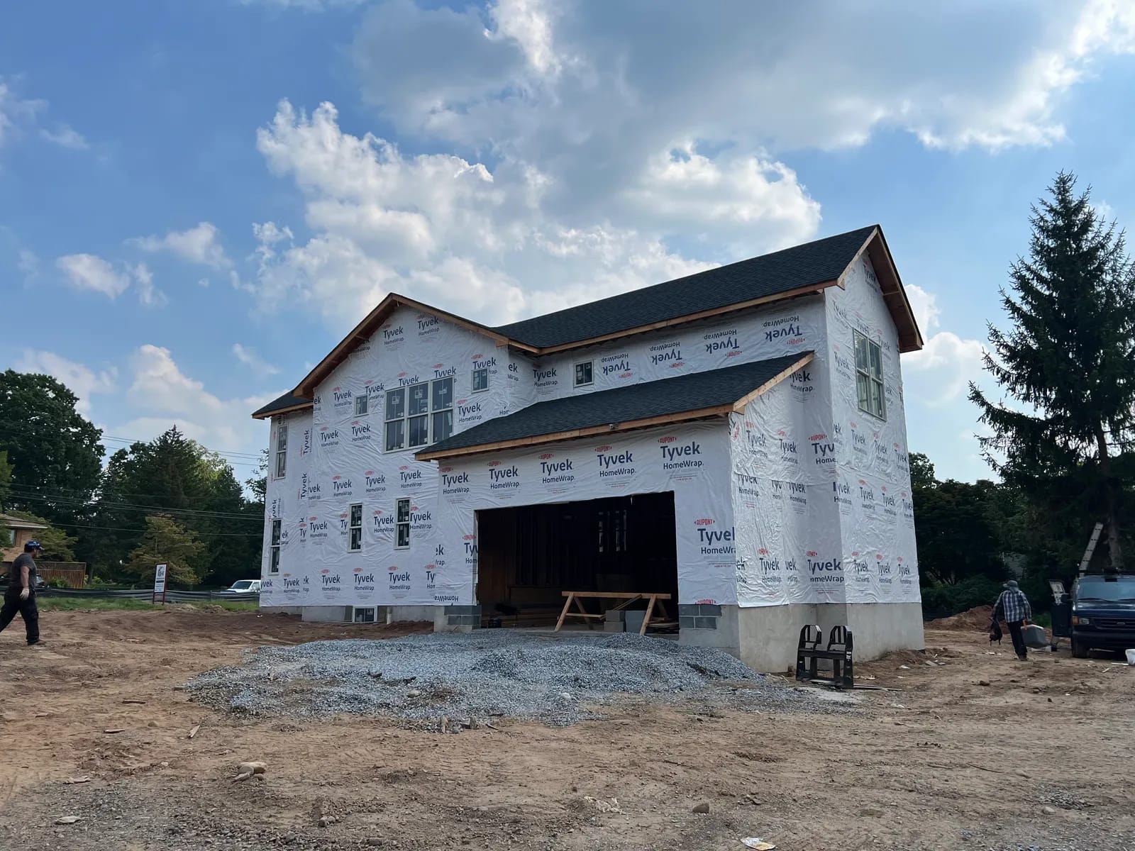 New build wrapped in house wrap during construction