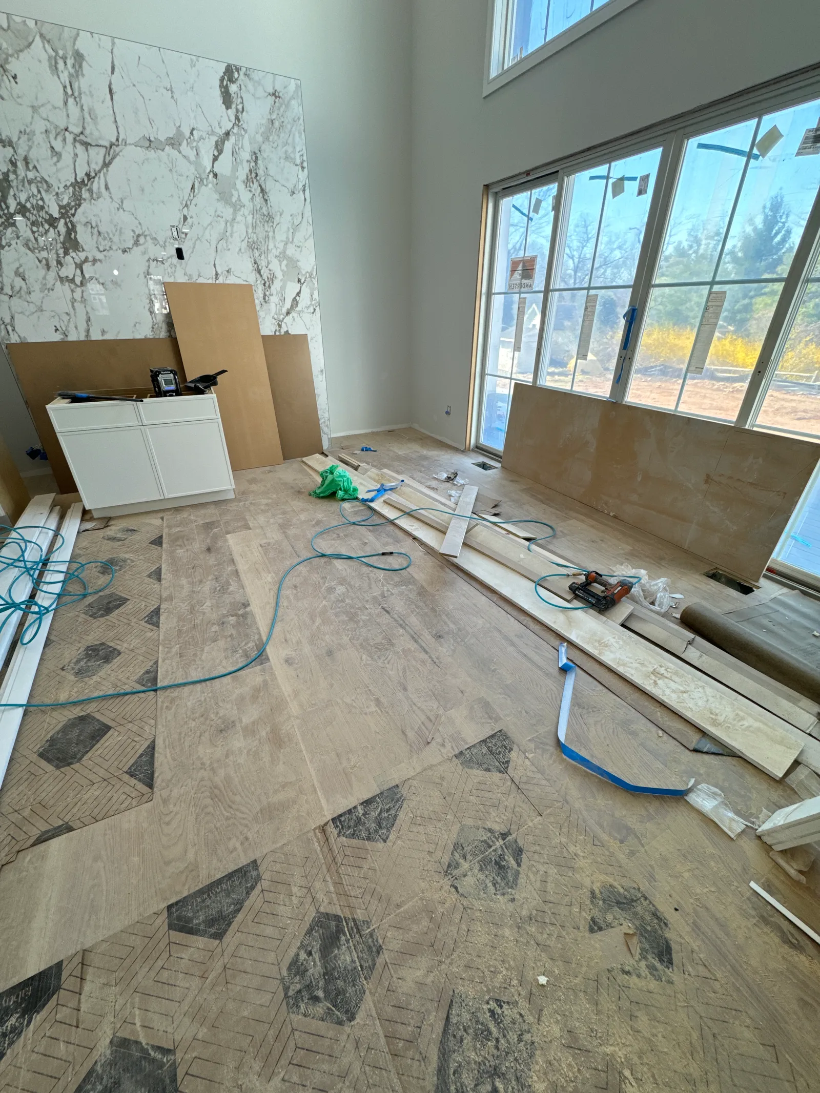 Primary bath during marble slab installation